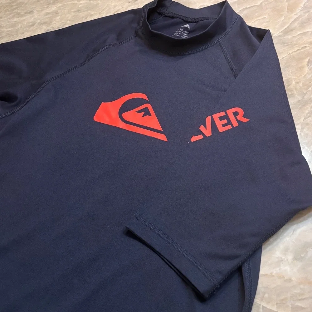 Quiksilver Rash Guard Mens Large Navy Blue Short Sleeve Logo Swim Shirt